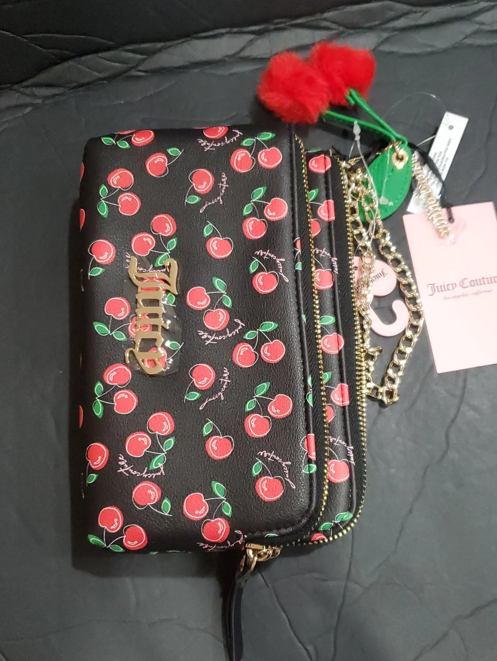 Juicy  Couture cherry girl black and red cherry print double zip wallet clutch